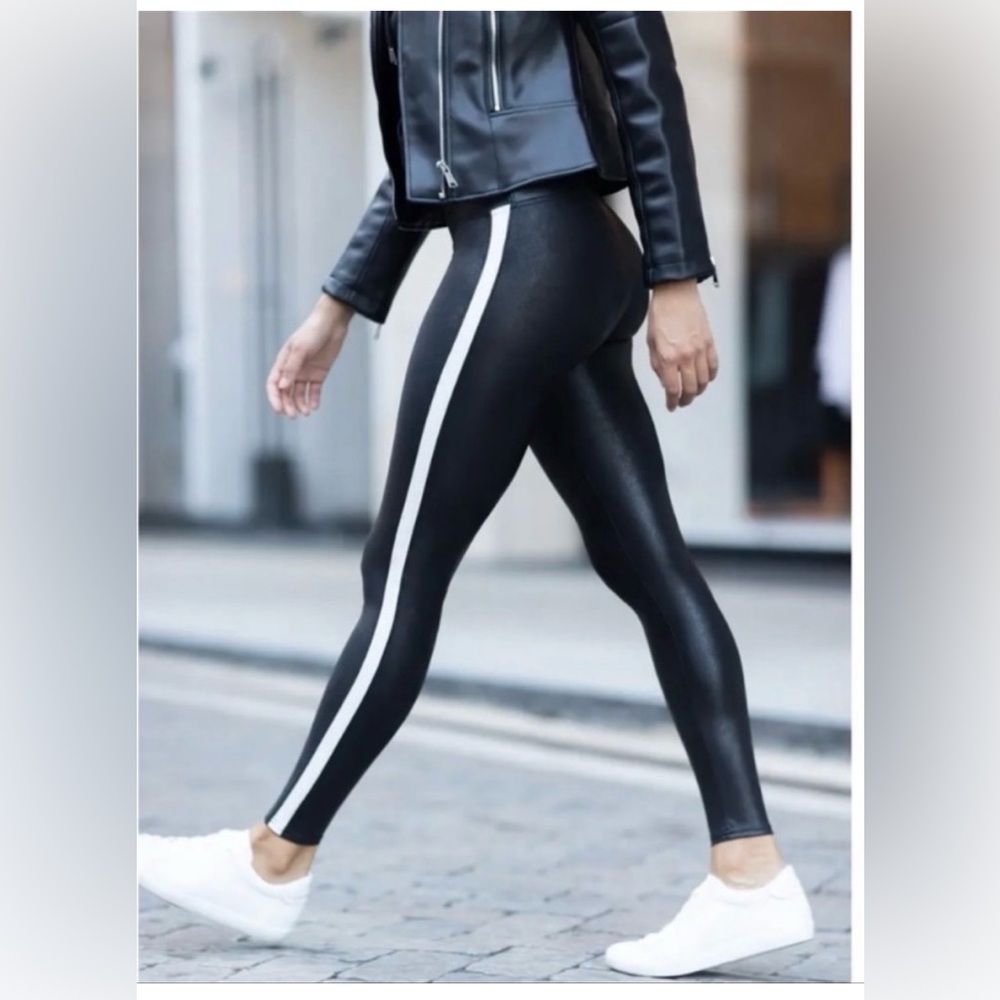 SPANX Black Faux-Leather Leggings with White Side Stripe - Picture 2 of 11
